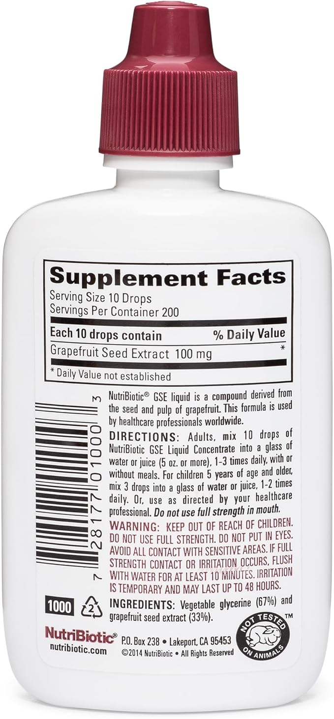 NutriBiotic, Vegan GSE Grapefruit Seed Extract, Liquid Concentrate, 100 mg, 2 fl oz