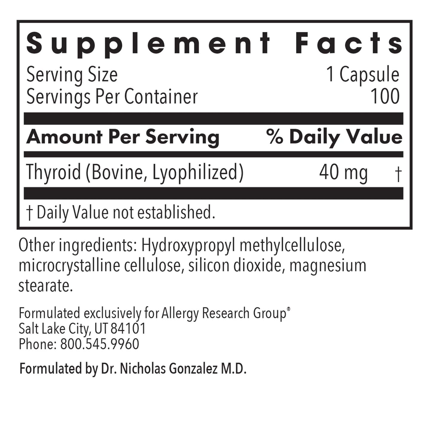Allergy Research Group Thyroid Natural Glandular -100ct
